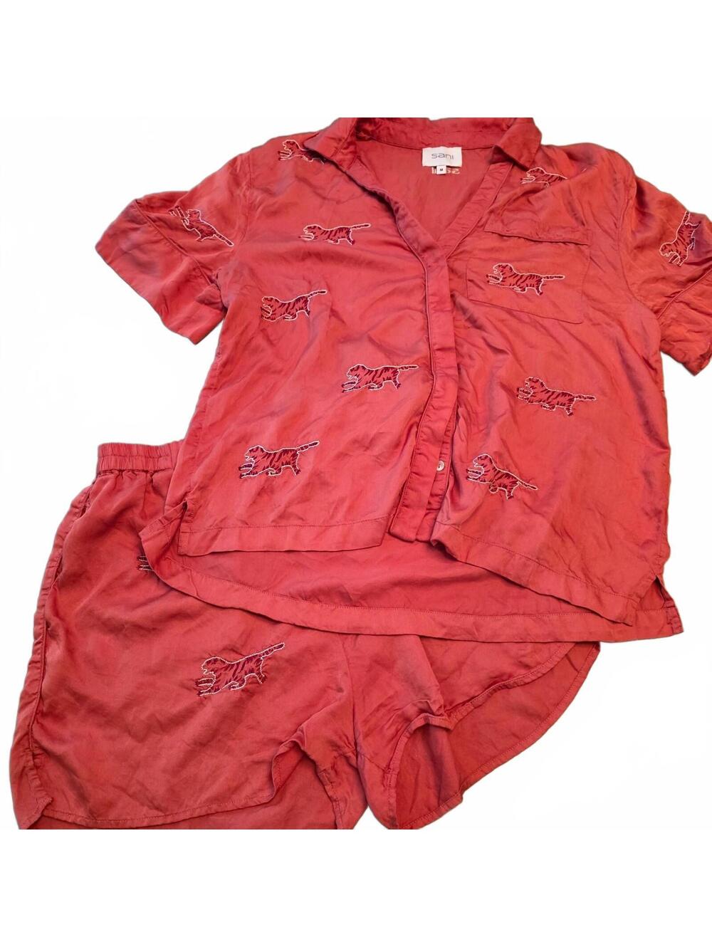 Sani Embroidered Lounge Set with Short Sleeves Shorts and Tigers Orange Size M